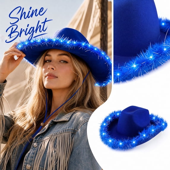 Light Up Cowboy Hat, Western Party Hat with Frayed Trim Wide Brim, Adult Costume Accessory