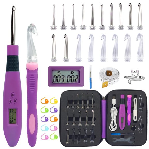 Light Up Crochet Hooks Set Purple - Double 18 Size Row & Counting