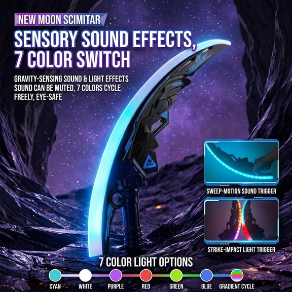 Light Up Cyber Scythe Toy, 2-in-1 Combinable Scimitar LED Sword, 7-Color Changing Sensory Sound, Type-C Rechargeable(B)