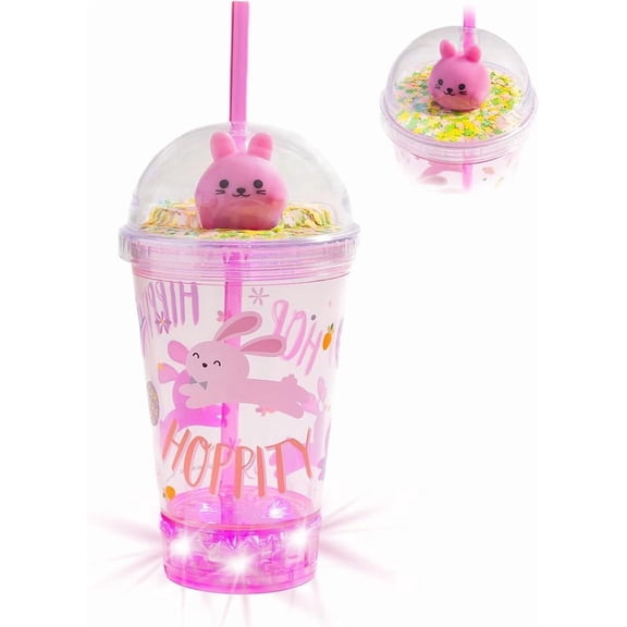 Light-Up Dome Cup for Kids, LED Reusable Party Cup with Dome Lid, Pink Bunny Design, Easter Basket Filler, Party Favor, Birthday Gift