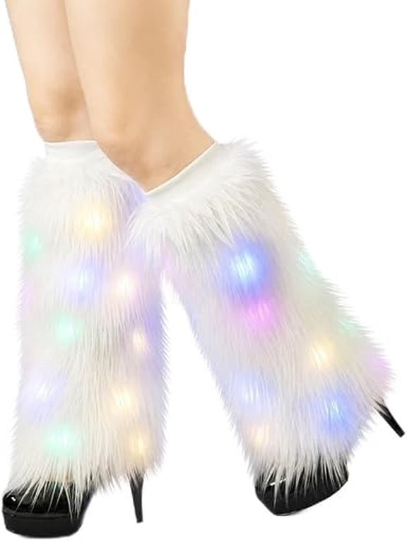 Light Up Faux Fur Leg Warmers for Women, LED Fluffy Boot Covers with 3 Flash Modes, Festival Rave Dance Costume Accessories (k)