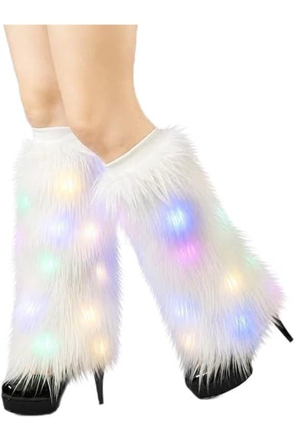 Light Up Faux Fur Leg Warmers for Women, LED Fluffy Boot Covers with 3 Flash Modes, Festival Rave Dance Costume Accessories (k)