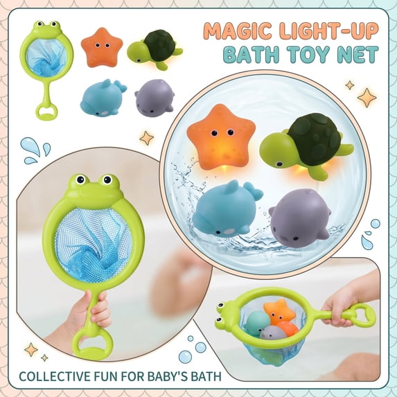 Fish Frig Light Up Fishing Net Bath Toy Set with Glowing Floating Sea Animals, 5 ...