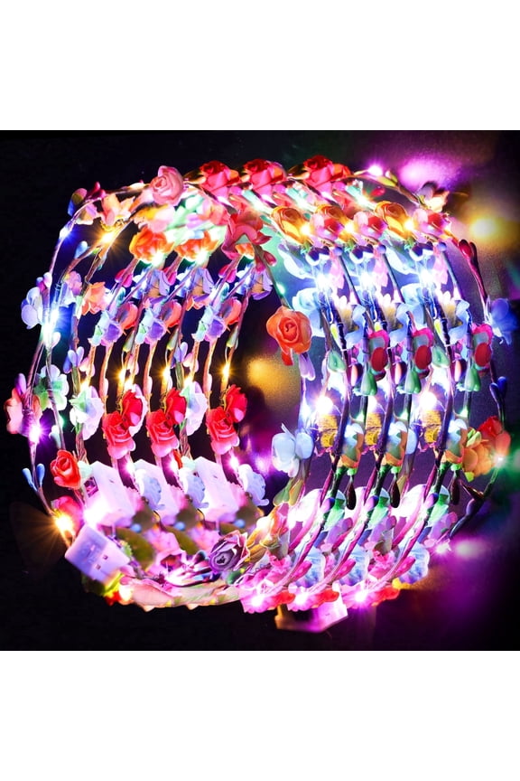12 Pack Light up Flower Crown Headbands, LED Floral Lighted Headpieces with Flashing Modes, Glowing Hair Accessories for Bachelorette Parties, Weddings, Festivals & Christmas Holiday Events