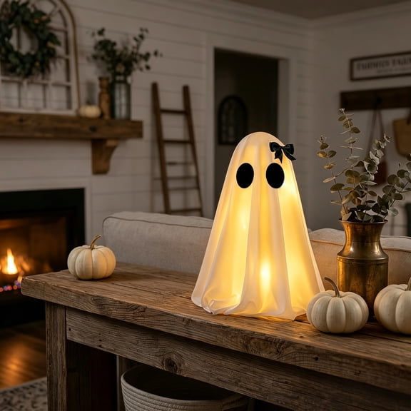Light Up Ghost Halloween Decor, Set of 2 Spooky Ghost Figurines for Indoor Home Mantel Shelf Tabletop (A B),B