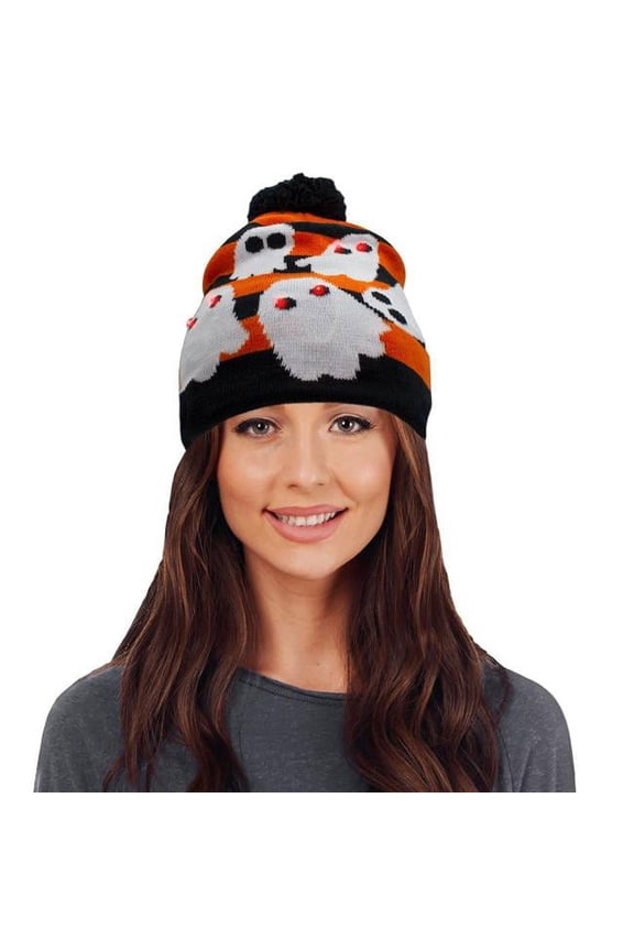 Light Up Ghost Knit Pom Pom Beanie Hat