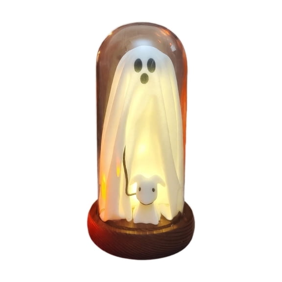 Light-Up Ghost in a Glass Cloche Halloween Decorations for Indoors Cute Ghost Walking Dog with Light for the Home, Mantel, or Tabletop
