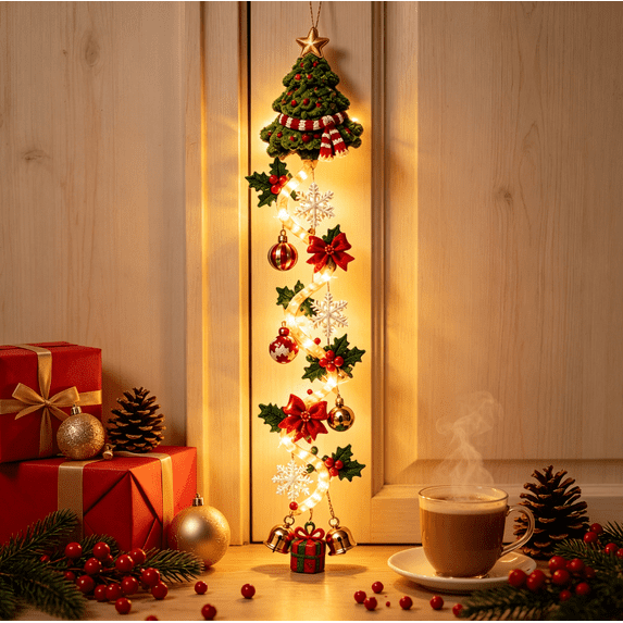 Light-Up Glowing Christmas Door Hanger, Holiday Door Swag Decor, Lighted Xmas Entryway Ornament