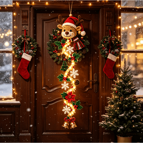 Light-Up Glowing Christmas Door Hanger, Lighted Christmas Wall Hanging, Holiday Festive Home Decor