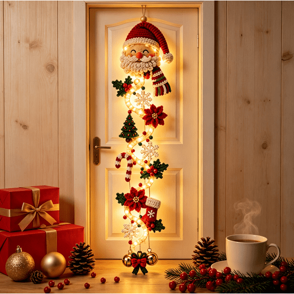Light-Up Glowing Christmas Door Hanger, Lighted Winter Holiday Decor, Festive Christmas Door Ornament