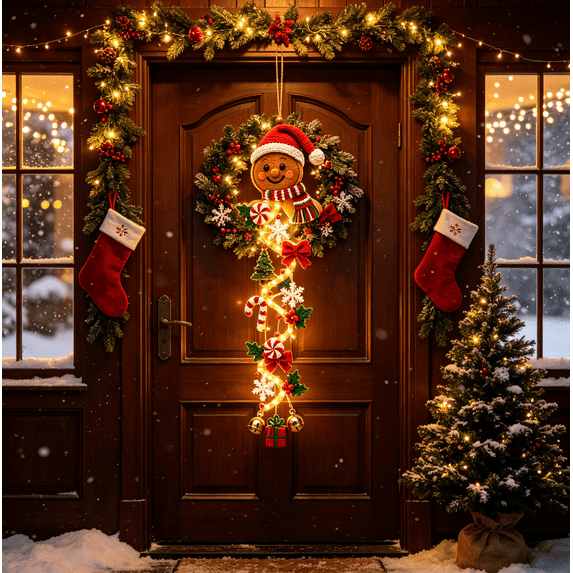 Light-Up Glowing Christmas Door Hanger, Winter Front Door Hanger, Lighted Christmas Seasonal Decor