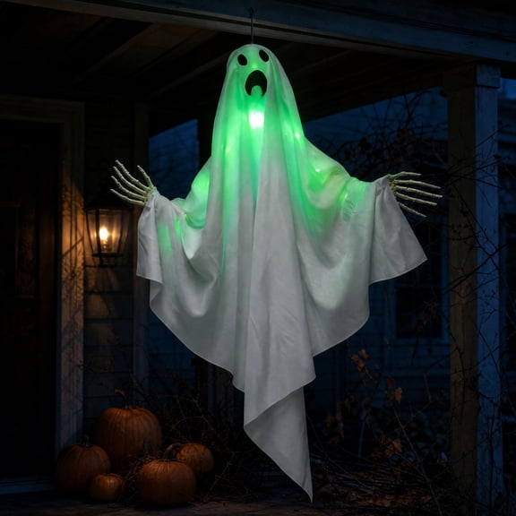 Light-Up Green LED Hanging Decor, Ghost Fabric Ornament Halloween Front Door Tree Porch Night Decor