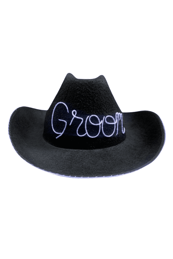 Light Up Groom Cowboy Hat in Black With El Wire On Brim