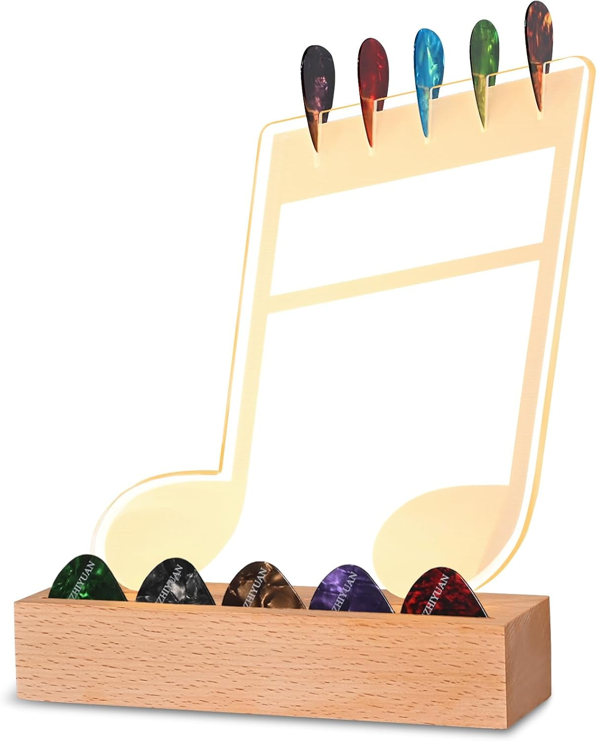 Light Up Guitar Pick HolderNote-Shaped Cool Gifts for Music Lovers,Acrylic Guitar Pick Display and Storage With Wooden BaseUnique Guitar Accessories