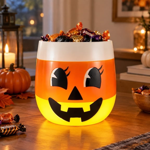 Light-Up Halloween Candy Corn Candy Bowl, Cute Jack O Lantern Face Illuminated Treat Holder, 10 Inch Large Capacity Halloween Tabletop Decor for Trick or Treat Party