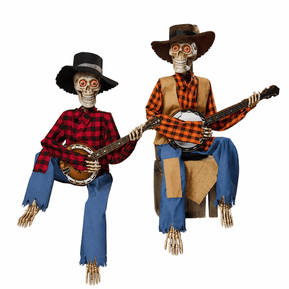 LightUp Halloween Cowboy Skeleton Musician Figure, Freestanding or Sitting Skeleton Playing Banjo, Spooky Halloween Prop Decor for Indoor Party, 2 Assorted Styles