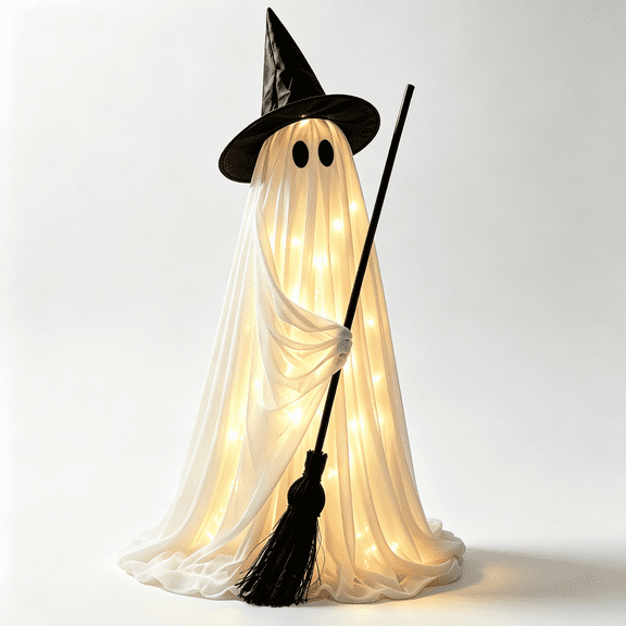 LightUp Halloween Ghost Decoration, Standing Ghost Figure with Witch Hat and Broom, Builtin Warm String Lights, Fabric Ghost Party Holiday Decor for Indoor Home Porch