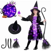 Halloween Girls Witch Costume, Toddler Witch Dress Light Up Set with Hat and Broom, Kids Costumes for Halloween Party fo