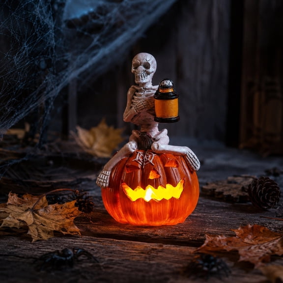 Light Up Halloween Skeleton Pumpkin Statue,Jack O Lantern Resin Figurine with Lantern,Spooky Tabletop Decor for Home,Party,Mantel