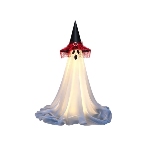 Light Up Halloween Standing Ghost Decor, Fabric Phantom Figure with Red Lace Witch Hat, Warm LED Glow for Indoor Table Shelf Display