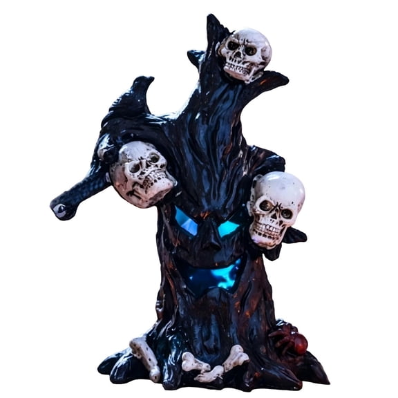 Light Up Halloween Tree Decoration with Glowing Blue Face and Skulls, Spooky Haunted House Prop for Indoor and Outdoor Yard
