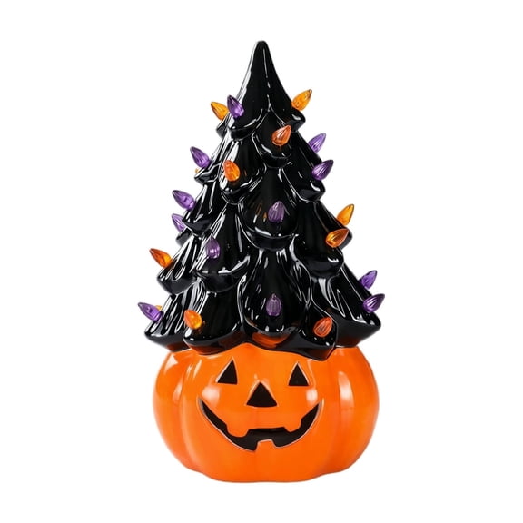 Light Up Halloween Tree with Pumpkin Skull Ghost Base LED Tabletop Decor 7.9x11.8in for Shelf Mantel Desk