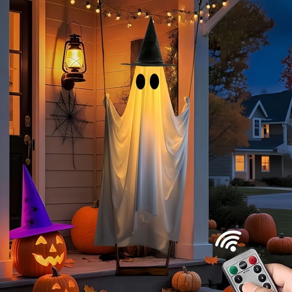 Light Up Hanging Ghost Swinging Halloween Decor, Outdoor Yard Prop, for Pathway Garden Patio Display, bldnkj, 1 Pack