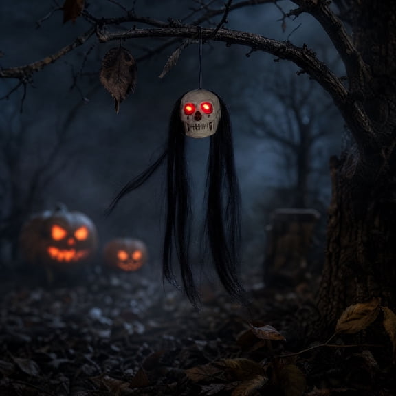 Light Up Hanging Skull Ghost Head with Long Black Hair, Glowing Eye Halloween Tree Ornament for Yard Haunted House Decor