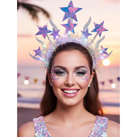 Light Up Headband for Women, Glow in the Dark Twinkle Stars Hair Accessories for Halloween, Raves, Festivals & Cosmic Events