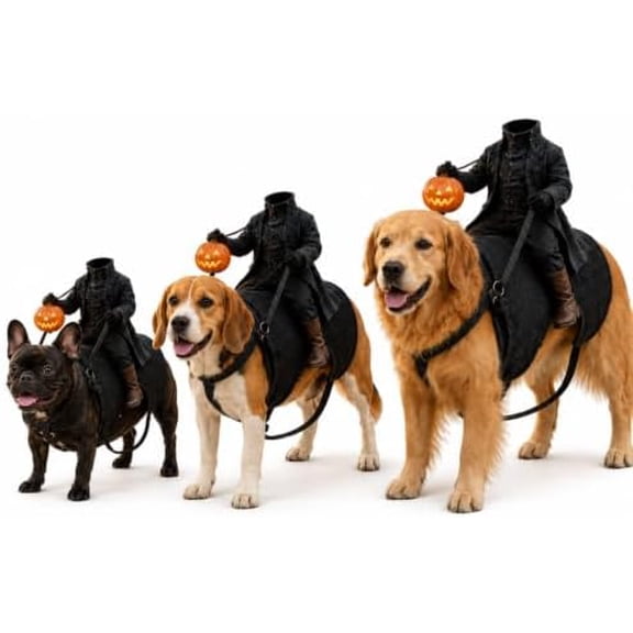 Light-Up Headless Horseman Pet Costume, Pumpkin Rider Harness, Light-up pumpkin rider costume with adjustable harness for dogs and cats, ideal for Halloween parties, photos and walks