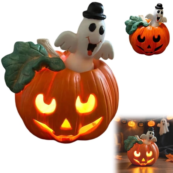 Light Up Jack O Lantern Pumpkin with Cute Top Hat Ghost, Resin LED Halloween Tabletop Decor