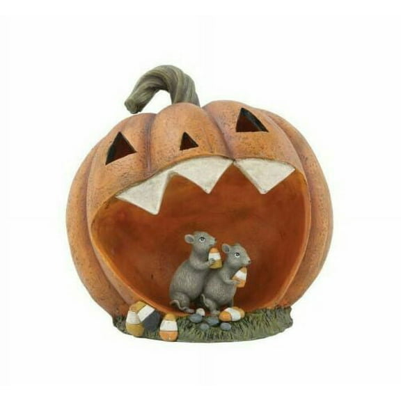 Light Up Jack O Lantern Pumpkin with Mice 11" Figurine Battery Op