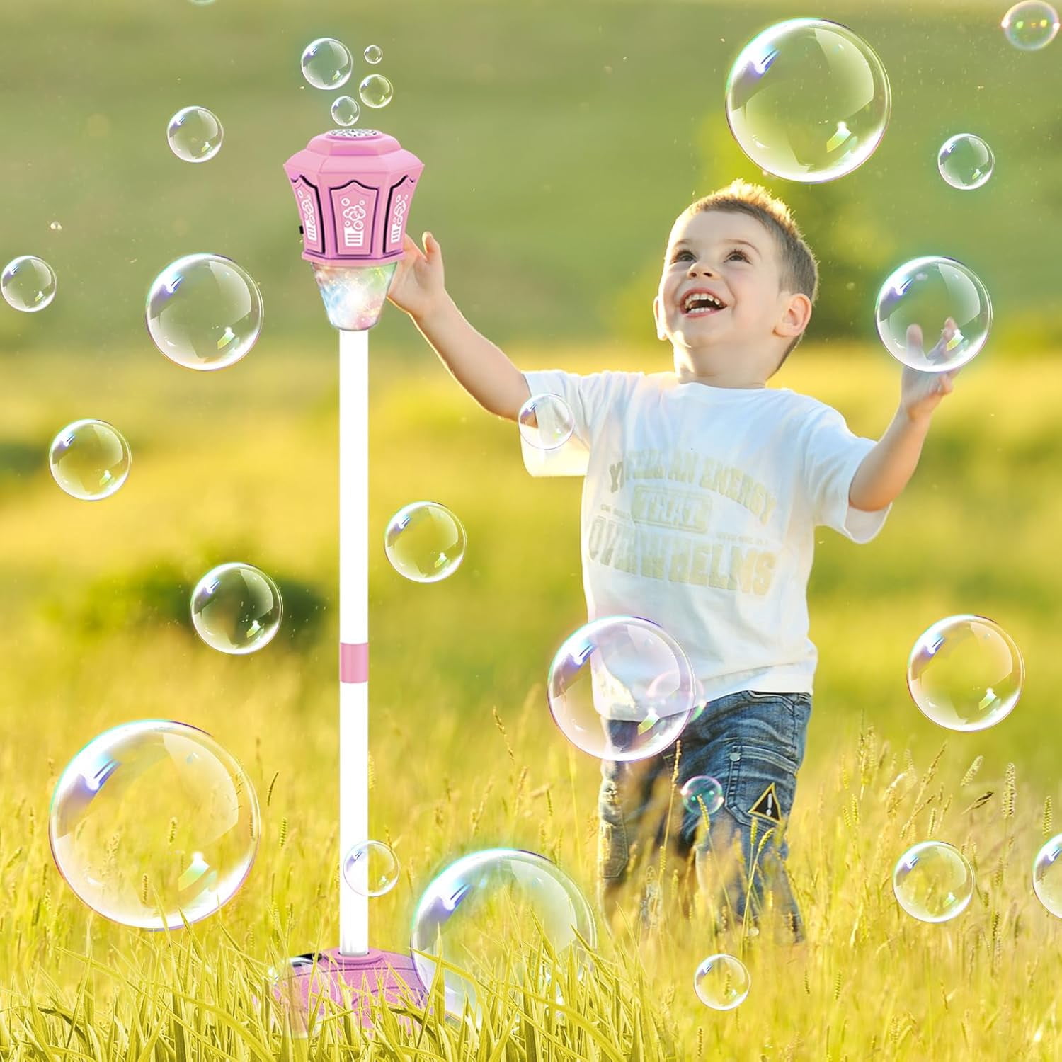 Light Up Kids Bubble Toy, Bubble Machine with Music, Adjustable Height Street Lamp Blower for Summer Backyard Birthday Parties Pink