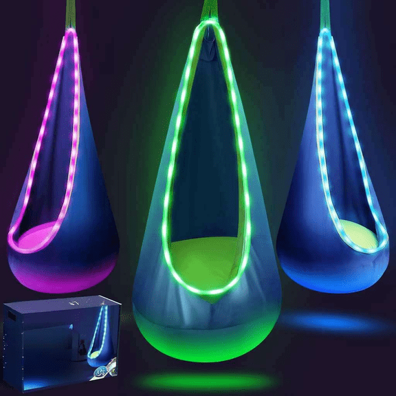 Light Up Kids Pod Swing Seat with LED Lights Cotton Sensory Hammock Chair Inflatable Pillow Indoor Outdoor Blue