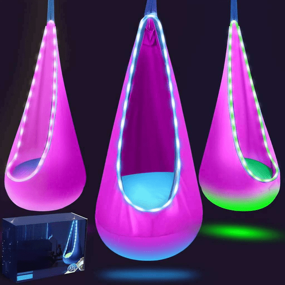 Light Up Kids Pod Swing Seat with LED Lights Cotton Sensory Hammock Chair Inflatable Pillow Indoor Outdoor Pink