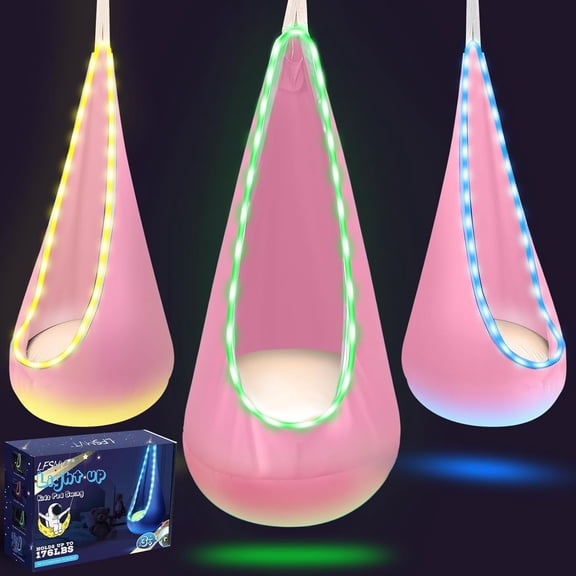 Light Up Kids Pod Swing Seat with LED Lights Cotton Sensory Hammock Chair and Inflatable Pillow for Indoor Outdoor Use Light Pink