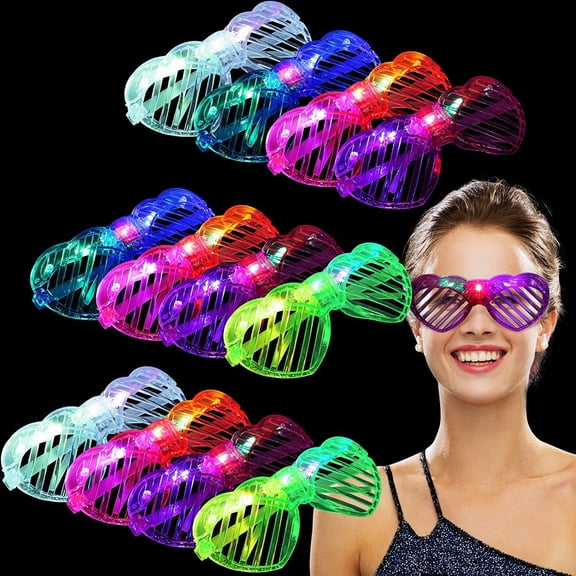 Light-Up LED Flashing Shutter Retro Heart Shape Party Glasses, 12 Pack