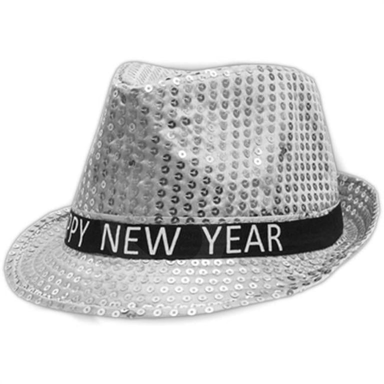 Light Up LED Happy New Year Fedora Silver Pack of 6 