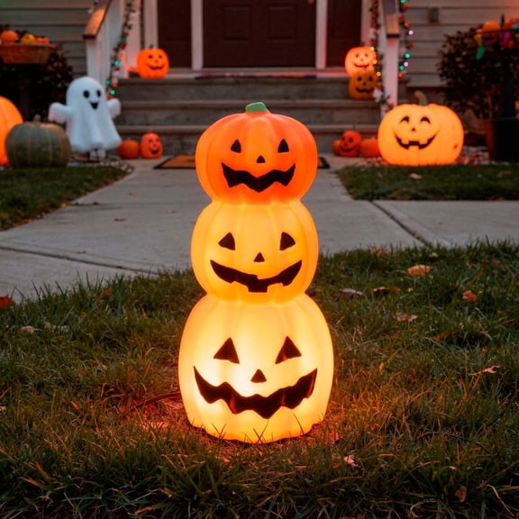 Light-Up LED Stacked Jack-O'-Lantern Pumpkins Blow Mold Figure