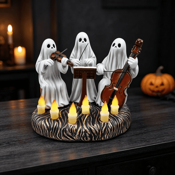 Light Up Musical Ghost Trio 6.7in Halloween Ghost Band Candle Figurine Spooky Resin Statue for Living Room Desk Shelf Layout