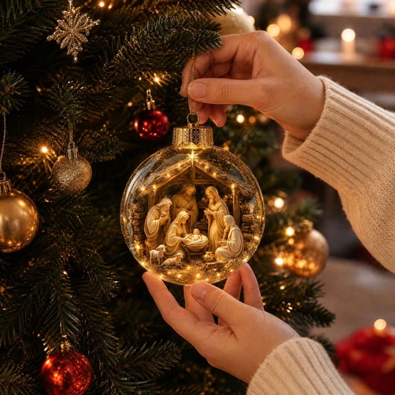 Light-Up Nativity Scene Christmas Ball Ornament with 3D Jesus Birth Figures, 1-Pack, Clear Sphere with Gold Cap, for Christian Tree Decor, Religious Decoration