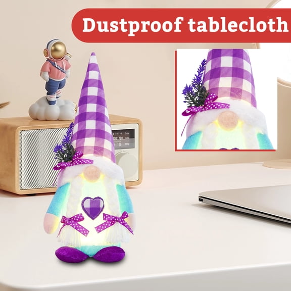 Light-Up No-Face Gnome Figurine With Lavender Heart, Festive Unique Holiday Decorative Ornament, Checkered Hat Purple Accents, Tabletop Shelf Mantel Decoration For S Teens,