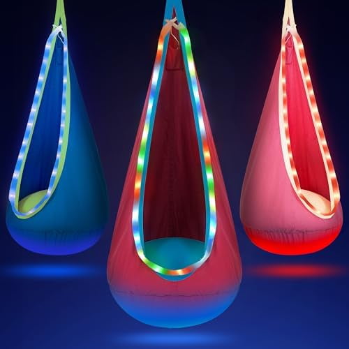 Light Up Pod Swing Seat, Sensory Swing with LED Light, Cotton Kids Chair for Indoor and Outdoor, Hammock Chair Easy to Install, Red$$Garden & Patio