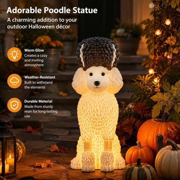 Light Up Poodle Dog Statue With Witch Hat Resin Halloween Figurine Glowing Yard Patio Outdoor Fall Holiday Home Decor