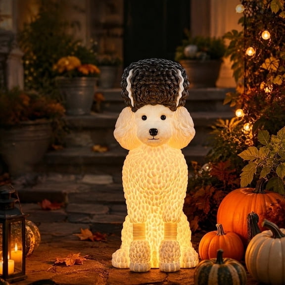 Light Up Poodle Halloween Decor 10.2 Inch, Glowing Resin Dog Statue for Outdoor Patio, 1 Pack