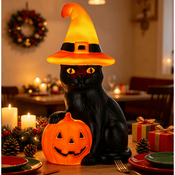 Light-Up Pumpkin Cat Blow Mold Outdoor Decoration, Orange & Black , Celebrate Halloween Light-Up Pumpkin Cat Blow Mold Outdoor