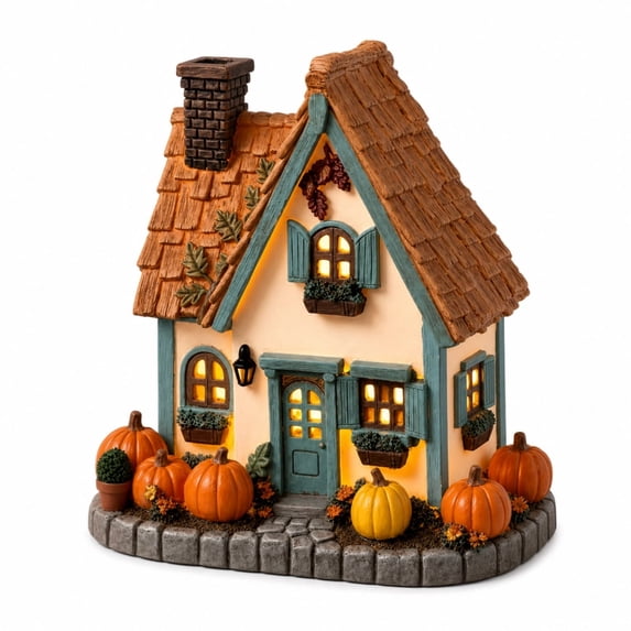 Light-Up Pumpkin House Tabletop Decoration – Glowing Fall & Halloween Ornament – Battery-Operated Resin Pumpkin Cottage for Desk, Shelf or Mantel
