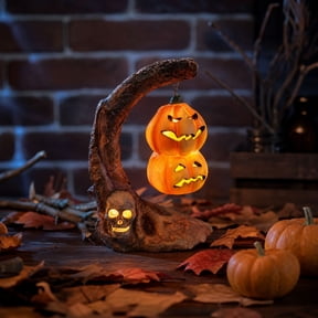 Light Up Pumpkin Statue, Stacked Jack o Lantern with Skull Stand, Spooky Indoor Outdoor Decor, Tiered Glowing Pumpkin Tower, Halloween Pathway Light
