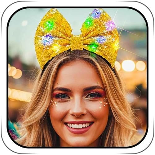 Light Up Red Sequins Bow Headband,Flashing LED Bowknot Hair Accessory for Women, Adjustable Elastic, 3 Modes Glow for Festivals & Costumes ()