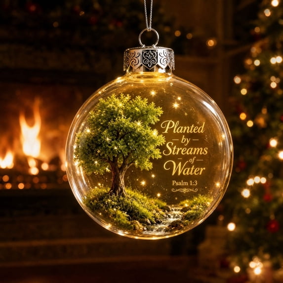 Light Up Religious Christmas Ornament Ball,Psalm 1:3 Scripture Tree of Life Design LED Hanging Bauble,Transparent Holiday Tree Mantel Decor,E